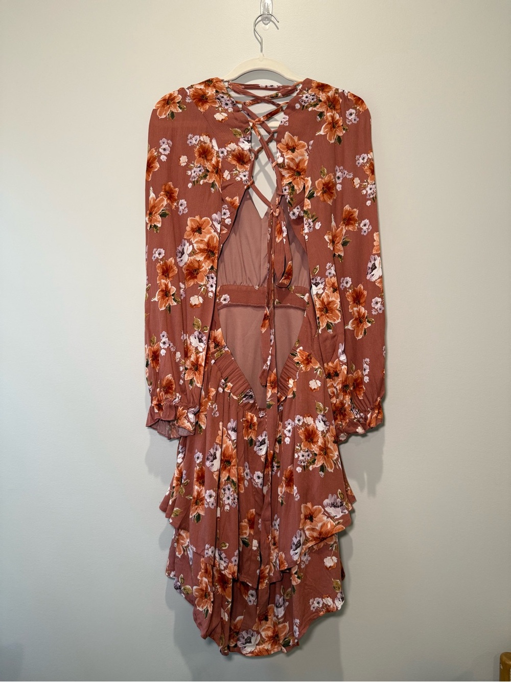 Altar'd State Rust Floral Ruffle Mini Dress - Size Large - Boho Open Back - Picture 2 of 10